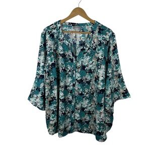 Catherines Teal Floral Button Front Blouse Size 2XWP Comfy Lightweight Office